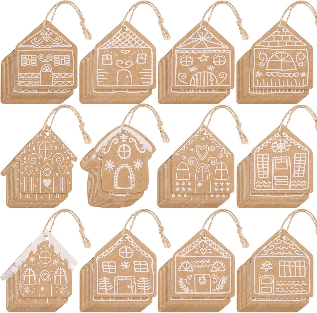 120 Pcs Christmas Gingerbread House Gift Tags with String Christmas Tree Hanging Ornaments Gingerbread House Kraft Paper Labels Goodie Bags Tags for DIY Present Wrapping Holiday Decorations