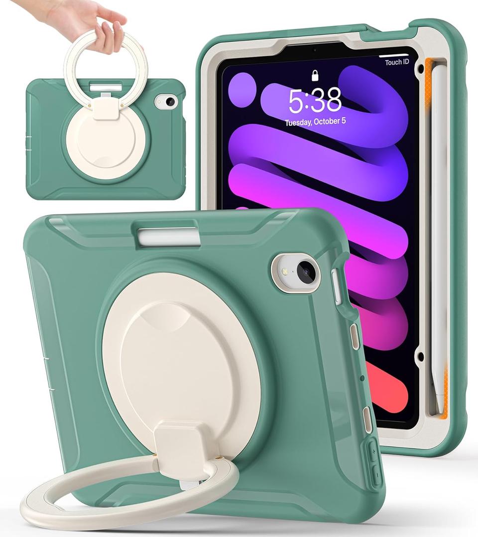 BATYUE Shockproof Case for iPad mini 7 (A17 Pro)/ Mini 6 8.3 inch (2024/2021) - 360 Multi-Angle Stand (Portrait & Landscape) & Grip, Built-in Pencil Holder, Jade Green