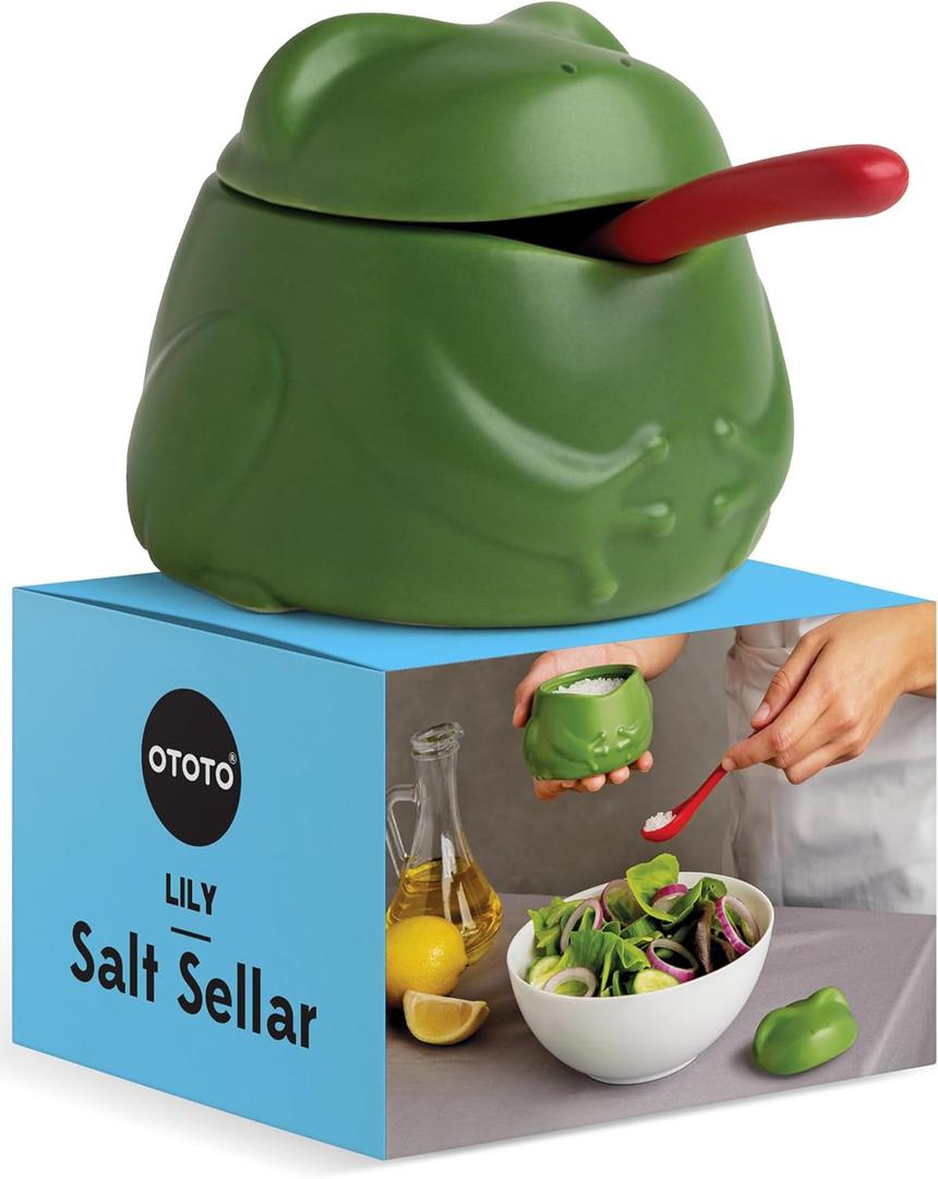 OTOTO NEW Lily Salt Cellar with Lid and Spoon - 6 oz Frog Salt Containers for Countertop, Ceramic Salt Holder with Lid for Sugar, Frog Stuff, White Elephant Gifts, Cute Gifts Accessories - Green