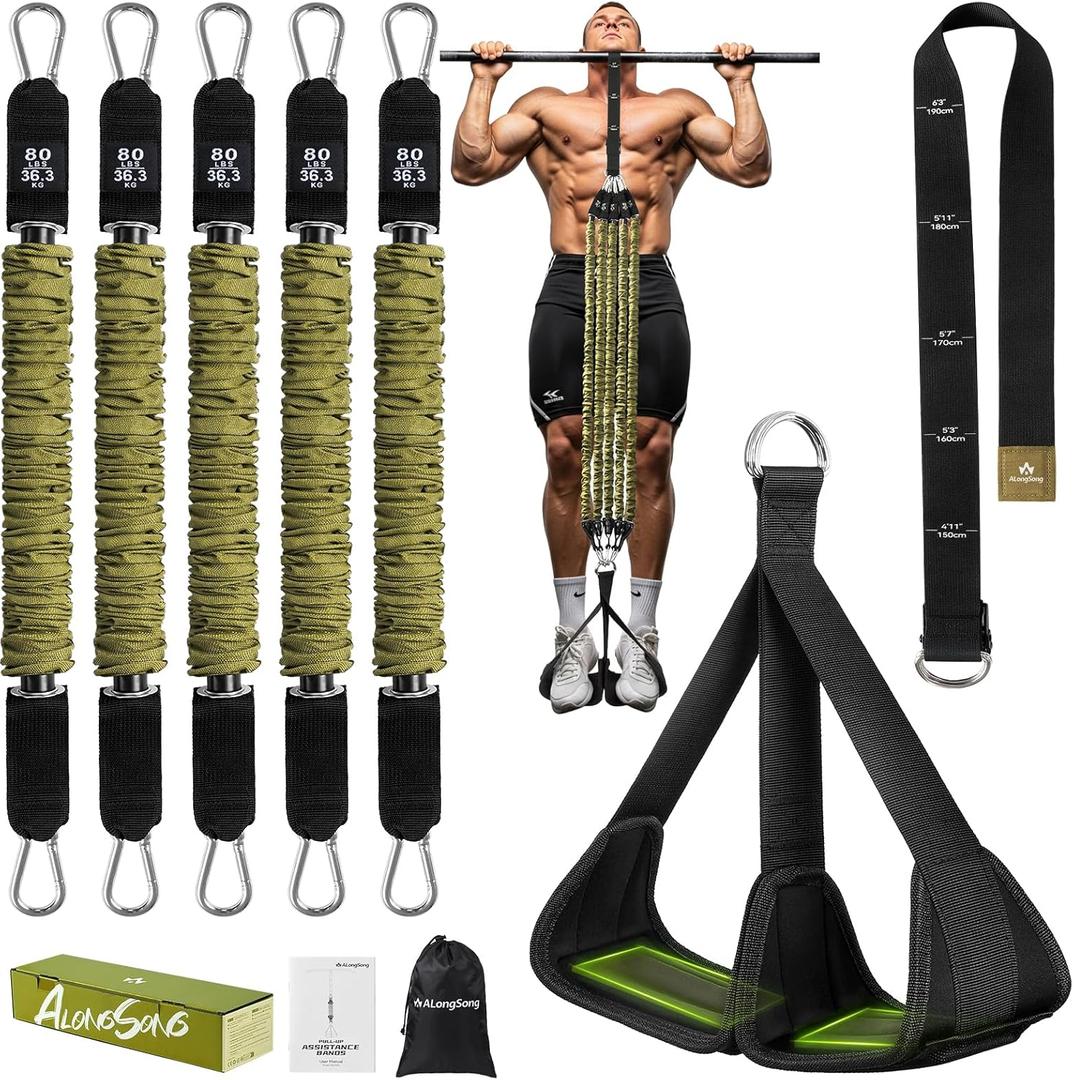 Pull Up Assistance Bands with Foot Support Pedal - Upgraded Heavy Duty Resistance Bands Adjustable Weight/Height with 80Lbs Bands&Measured Strap for Strength Training Home Gym (Green)