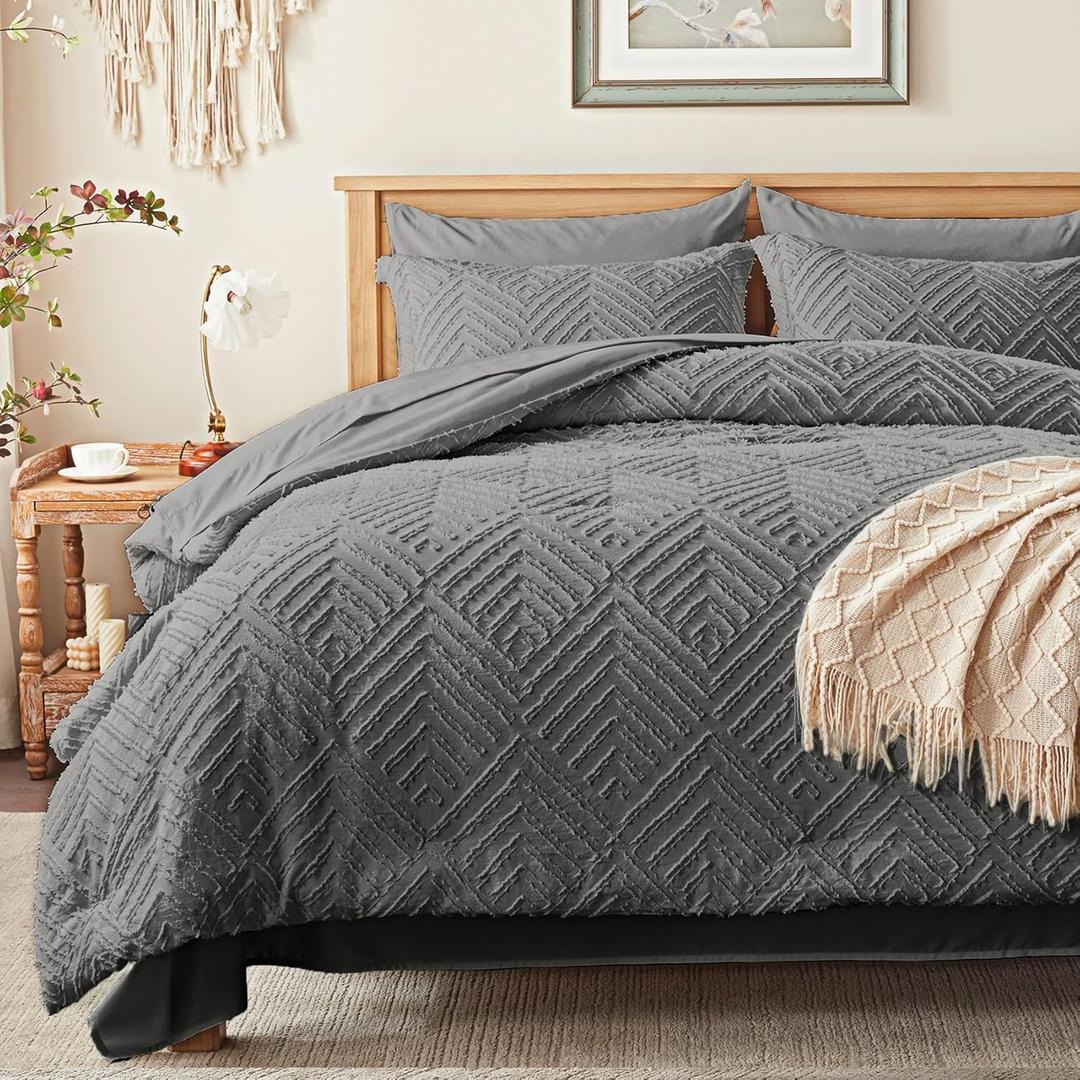 Zzlpp Full Comforter Set 7 Pieces, Dark Grey Tufted Bed in a Bag with Comforter and Sheets, All Season Boho Bedding Sets with Comforter, 2 Pillow Shams, 2 Pillowcases, 1 Flat Sheet, 1 Fitted Sheet