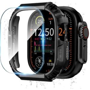Rugged Waterproof Case for Apple Watch 49mm Ultra 3/2/1 with Tempered Glass Screen Protector, Durable Hard PC Bumper Protective Face Cover for iWatch 49 mm Black Gray