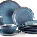 AmorArc Ceramic Dinnerware Sets for 4, 12 Pieces Handpainted Plates and Bowls Set, Scratch Resistant Stoneware Dishes Set, Dishwasher & Microwave Safe, Ceylon Blue