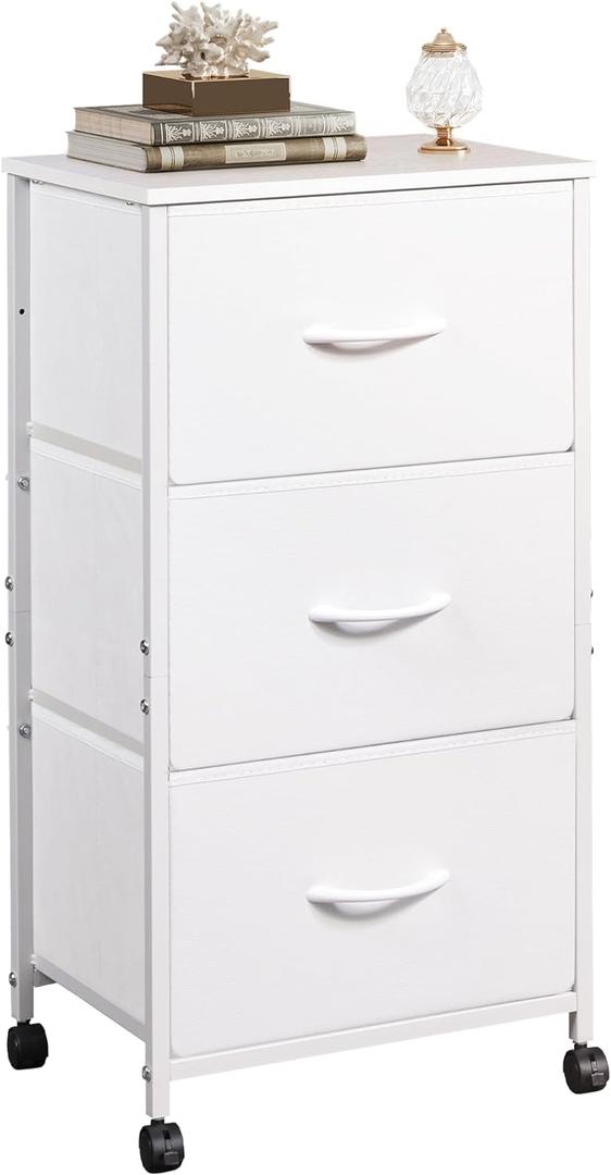WLIVE Dresser with 3 Drawers, Fabric Nightstand, Cabinet with Wheels, Organizer Storage Dresser for Bedroom, Office, Entryway, Closets, Sturdy Steel Frame, Wood Top, Easy Pull Handle, White