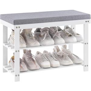 Apicizon 3-Tier Shoe Rack for Entryway, Bamboo Shoe Bench with Cushion Padded Seat, Small Shoe Organizer with Storage for Indoor Entrance Hallway Bedroom Living Room, White (27.6 Inches With Cushion)