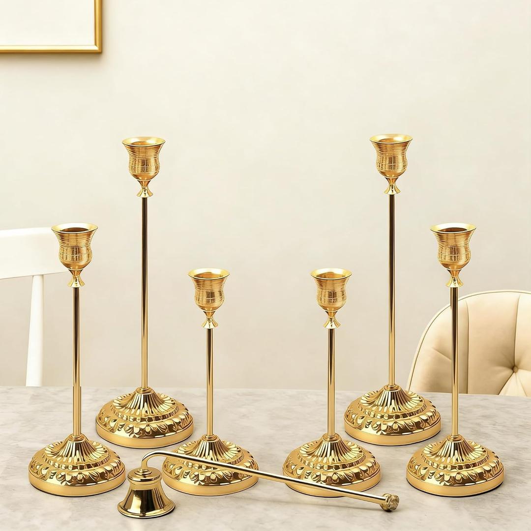 BEAHOT Gold Candle Holders, Set of 6 with Matching Candle Snuffer Elegant Non-Slip Candlestick Holders for Christmas Decorations Wedding Centerpiece, Dining Table & Home Gift Display