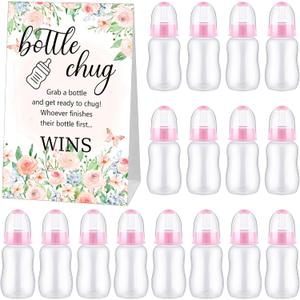 TrelaCo Bottle Chug Baby Shower Game 20 Pcs Baby Bottles Shower Favor with 1 Flowers Theme Sign for Gender Reveal Party Supplies Gifts(Pink)