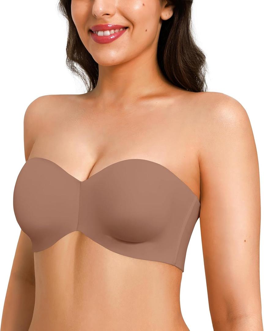 Popilush Strapless Push Up Minimizer Bras for Women Bandeau Support Unlined Bra Underwire Everyday Bras Tube Top (38DDD, Brown)