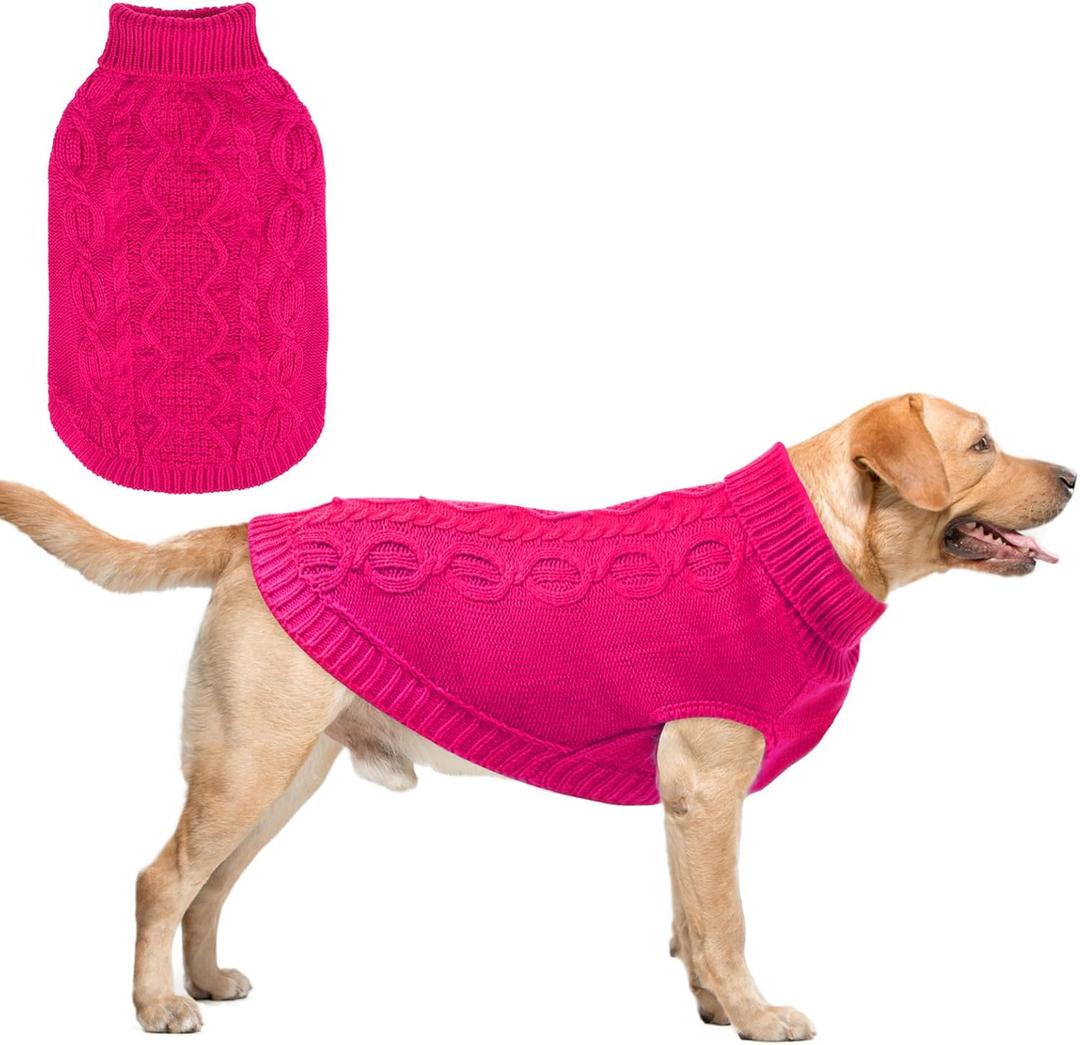 SCENEREAL Knitted Dog Sweater for Large Medium Small Dogs, Cat Dog Winter Coat Warm Sweatershirts Outfits, Classic Pet Clothes with Leash Hole, Soft Pet Knitwear Apparel for Girls Boys, Rose Red L