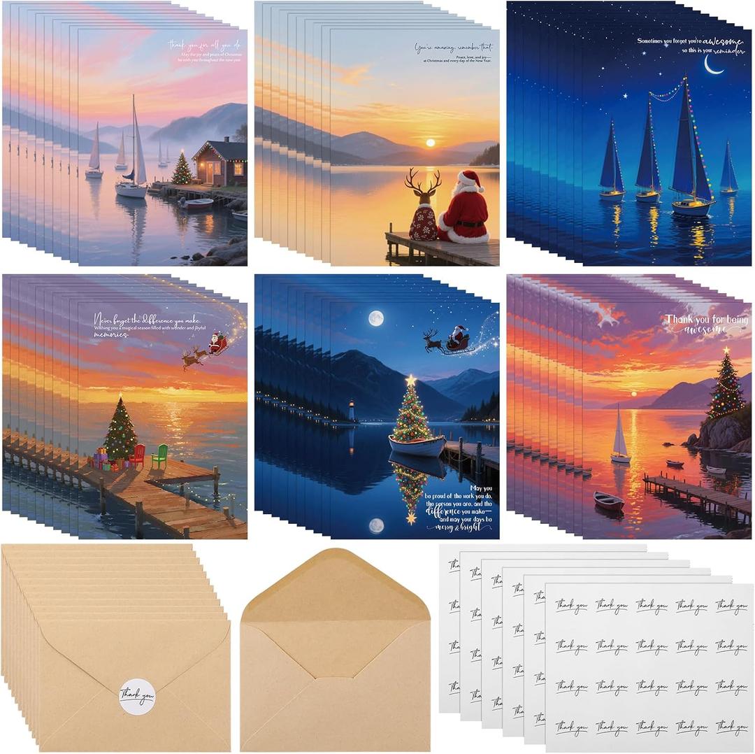 Marspark 54 Set Boating Christmas Greeting Cards Employee Nautical Appreciation Gift Bulk Xmas Post Card with Envelopes and Sticker Holiday Party Favor for Coworker Office Staff Team Group, 6 Styles