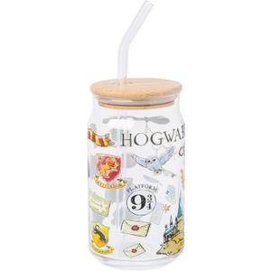 Silver Buffalo Harry Potter Hogwarts Platform 9 3/4 Gryffindor Hedwig Glass Jar Tumbler with Bamboo Lid and Glass Straw, 16 Ounces