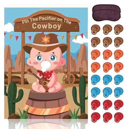 Pin The Pacifier On The Cowboy Party Games - Western First Birthday Party Decorations Horse Theme Poster with 24 Stickers & 2 Eye Masks Wall Game Photo Background for Baby Shower, Pack Of 3