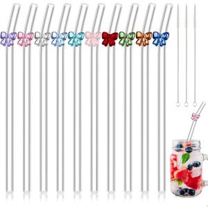 Meanplan 10 Pcs Cute Reusable Glass Straws with Design,8 mm x 7.9'' Shatter Resistant Butterfly Bow Clear Bent Glass Straw with Cleaning Brush for Drink Party Milkshakes Juice (Mixed Color)