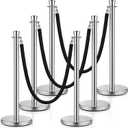 Wesiti 6 Pcs Stainless Steel Stanchion Post Queue with Crown Top 5 ft and 3 Pcs Velvet Rope and Poles Crowd Control Barriers Sand Injection Hollow Base and Velvet Ropes Set for Party (Silver, Black)