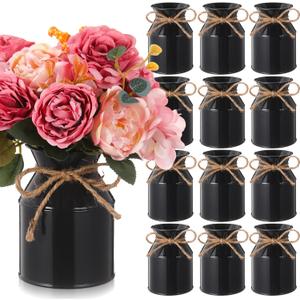 Domensi 12 Pcs Farmhouse Metal Flower Vase Wedding Decor Bulk Rustic Galvanized Milk Can Jug Vase with Bow Flower Bucket for Table Centerpiece Valentine Home (5.12 Inch,Black)