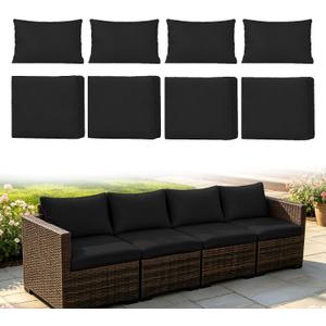 8Pcs Outdoor Patio Cushion Cover Replacement, Waterproof Patio Cushion Covers, Washable Outdoor Couch Cushion Covers with Zippers, Slipcovers Sofa Chair for Patio Furniture(Black, Cover Only)