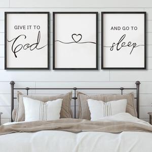 Set of 3 Framed Farmhouse Give it to God and Go to Sleep Signs 11x14 Above Bed Wall Decors for Bedroom Wood Signs (11x14 inches, Black)