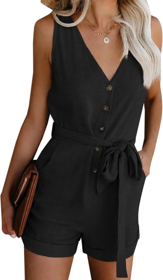 Acelitt Womens Casual Summer Crewneck Ruffle Sleeveless Rompers, XS, Black