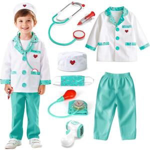 Lehoo Castle Doctor Costume for Kids, Doctor Dress Up and Play Set 8 PCS with Stethoscope, Role Play Costume for Toddlers 4-6 (Green)