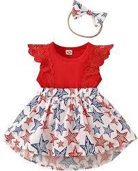 Guodeunh Infant Baby Girl Independence Day Outfit 4th of July Dress Ruffle Lace Romper Sleeveless Top Star Stripe Skirt+Headband (Red, 3-6 Months)