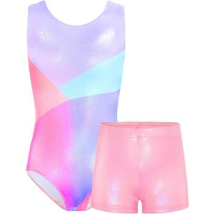 TENVDA Gymnastics Leotards for Girls Matching Shorts Sets Size 8-9 Years Old Sparkly Blue Pink Sleeveless Bodysuits