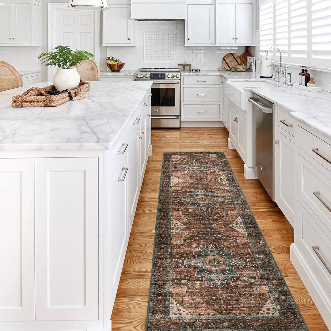 Moynesa Washable Rug Runners for Hallways, Boho 2'6"x8' Runner Rug Non-Slip Ultra-Thin, Long Vintage Oriental Medallion Carpet Runner for Laundry Bedroom Kitchen Bathroom (Brick Red)