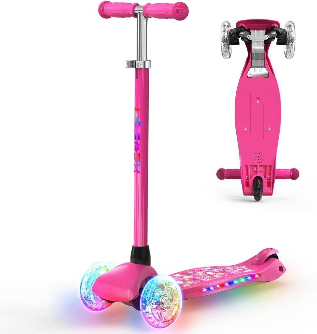 TONBUX 3-Wheel Kids Scooter for Ages 3-8, Toddler Scooter with Light-Up Deck and Wheels, Adjustable 4-Level Height Kick Scooters for Kids, Lean-to-Steer Design