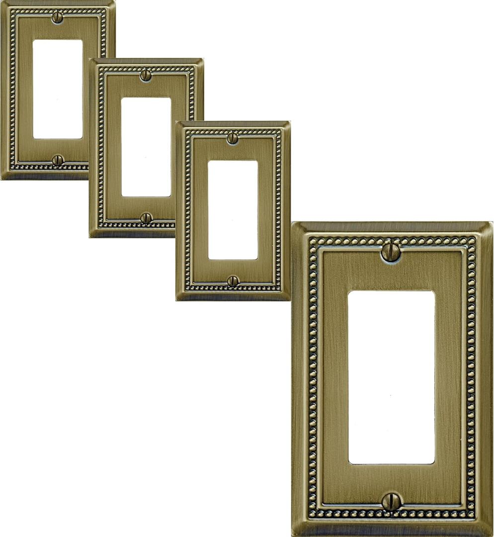 OKAWYC Single Decorator Light Switch Cover Belaire Beaded Metal Wall Plate, 4-Pack Antique Brass 1 Gang Single Rocker, for Receptacle Dimmer Switch GFCI Outlet Decorative Wallplate, Durable