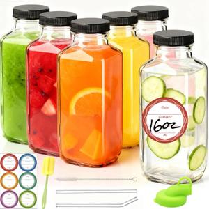 6Pack 16oz Glass Juice Bottles with Lids, Reusable Leakproof Drink Containers with Pour Spout, Glass Straws & Cleaning Brush for Juices, Smoothies, Milk and Beverages