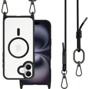 MAGEASY Case for iPhone 16 Plus 6.7" - Case with Crossbody Strap, 16ft Drop Protection, Compatible with MagSafe | Roam M (Black)