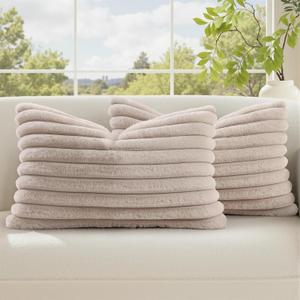 DecorUhome Cozy Faux Fur Throw Pillow Covers 12x20 Set of 2 Decorative Soft Plush Striped Lumbar Modern Farmhouse Boho Couch Pillow Cases with Velvet Back for Sofa Bed Living Room, Tan