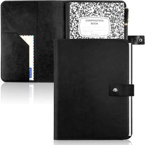 PU Leather Composition Notebook Cover 9 3/4 X 7 1/2 in With Composition Book 100 Sheets Vintage Rustic Distressed PU Leather Journal Notebook Cover Portfolio For School Office Home (Black)