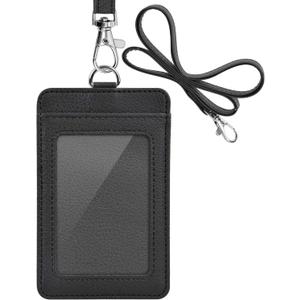 PU Leather ID Badge Holder, Life-Mate ID Badge Holder with 1 Clear ID Window 1 Credit Card Slot and PU Leather Lanyard for Badge Credit Cards College ID Cards in Black
