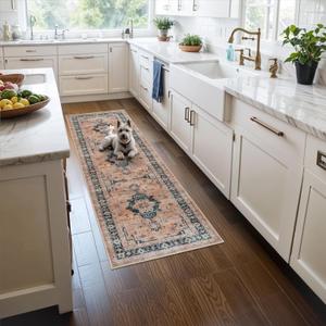 Washable 2x5 Hallway Runner Rug: Indoor Vintage Water Resistant Kitchen Entryway Rug Soft Living Room Bedroom Carpet Thin Low Pile Non Slip Floor Mat for Bathroom Laundry Dining Room(2X5,Orange)