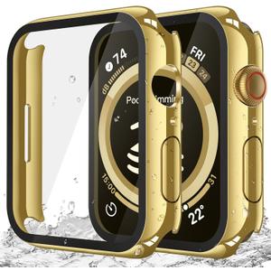 Misxi [2 Pack] Waterproof Hard Case with Tempered Glass Compatible with Apple Watch Series 9 Series 8 Series 7 41mm, Ultra-Thin Cover for iWatch Screen Protector, 1 Gold + 1 Transparent