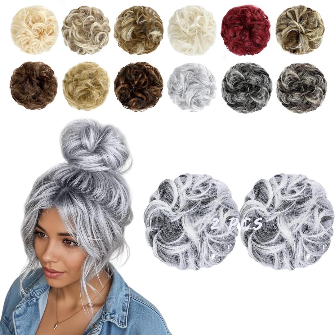 FeidyLong 2 PCS Messy Bun Hair Piece Wavy Curly Hair Bun Scrunchies Extensions Synthetic Chignon Thick Updo Hairpieces for Women Girls(Black to White)