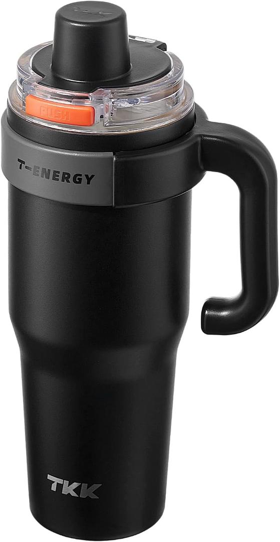 TKK 40 oz Insulated Tumblers with Handle and Straw, Stainless Steel Travel Mug with Ceramic Coating, Leak Proof Double Walled Iced Coffee Cup with Strainer for Hot & Cold Drinks, Black