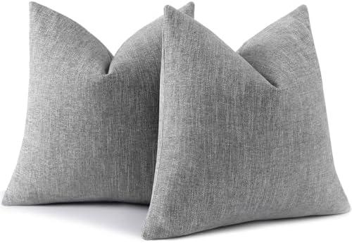 decorUhome Spring Chenille Decorative Throw Pillow Covers 18x18 Set of 2, Farmhouse Textured Square Neutral Solid Accent Pillow Covers for Couch Sofa Bed Living Room Home Decor, Grey