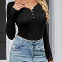 Amoretu Women's Henley Long Sleeve V Neck Shirts Slim Fitted Side Ruched Button Tops (Black, XL)