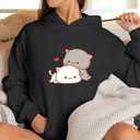 Wrenpies Cute Cat Graphic Hoodies Aesthetic Hooded Sweatshirts for Teen Girls Kawaii Cartoon Anime Lightweight Pullover Tops (Black, L)