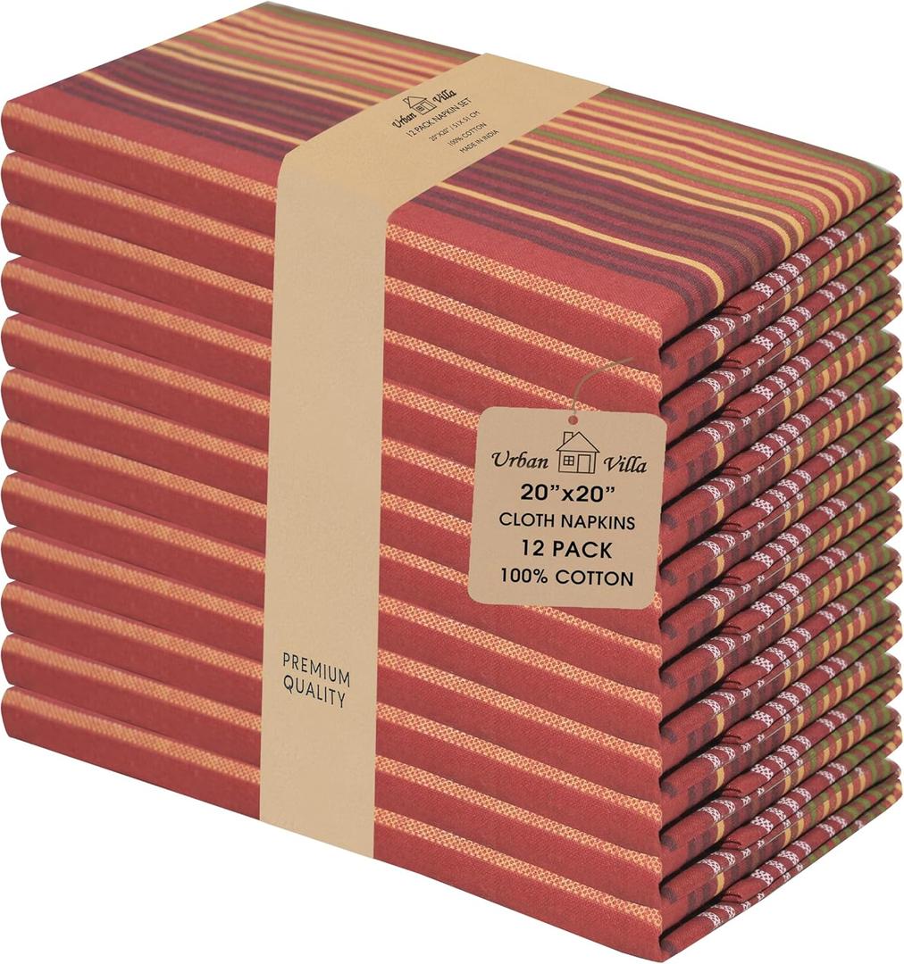 Urban Villa Cloth Napkins Set of 12 20x20 Inches 100% Cotton Napkins Cloth Washable Durable Reusable Absorbent Table Dinner Napkins Cloth for Thanksgiving Hotel Lunch Restaurant Parties Stripes Print (039 Fall Stripes)