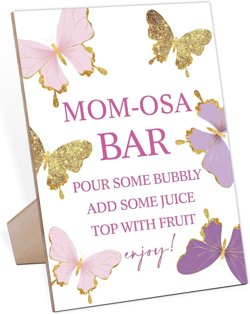 QOFO Decorative Signage Butterfly Baby Shower Sign- Wooden Game Sign with Stand, Multicolor, 8x11 inches, Modern, Party Favor