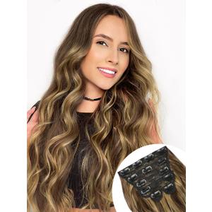 ALXNAN Clip in Hair Extension6PCS Mixed Brown & Blonde Long Wavy Hair Extension 24 Inch Thick Soft Synthetic Hair Double Weft Hairpieces for Women