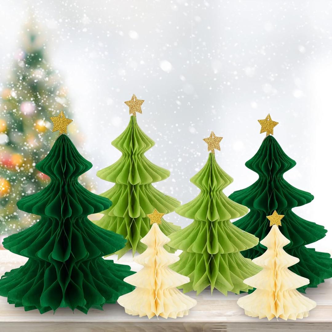 Whaline 6 Pack Christmas Honeycomb Paper Tree 3D Green Beige Xmas Paper Trees Centerpiece Ceiling Hanging Tissue Pine Tree Star for Holiday Party Decoration, 3 Sizes (Green Warm White)