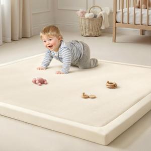 Goyuu Ultra Soft 1.3" Thick Baby Play Mat for Floor, 71x79 Playpen Mat Elasti-Foam Padded Crawling Mat for Babies, Toddlers, Infant, Kids, Non-Slip Backing Safe for Tummy Time, Beige