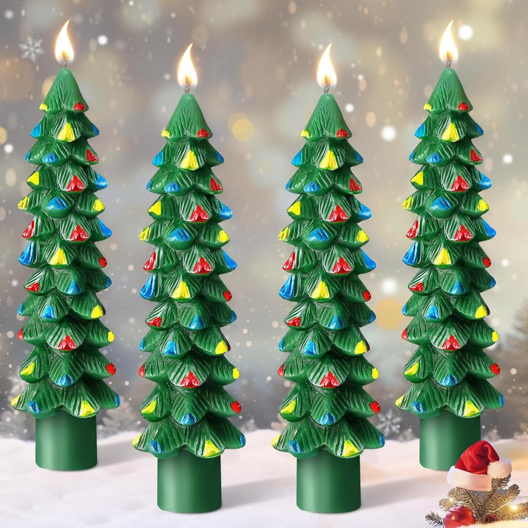 4 Pack Christmas Tree Candles, 5 Inch Pure Beeswax Christmas Tree Shaped Taper Candles for Xmas Holiday Decor, Advent Party Banquet Centerpiece Decoration(Green with Multicolor Trim)
