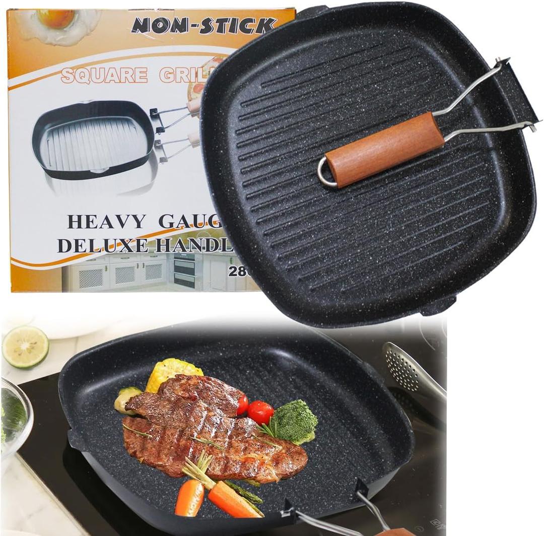 Nonstick Grill Pan with Folding Handle, 11in/ 28cm Lightweight Grill Pan for Stove Tops, 1.76lbs Versatile Griddle Pans with Pour Spouts, Square Grilling Skillet Steak Pan for Indoor Outdoor Camping