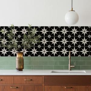 16 Pack, 5.9x5.9 Inch Star Compass Peel & Stick Tile Stickers Black-White Waterproof Removable Vinyl Backsplash Decals for Kitchen, Bathroom, Laundry, RV & Stair Risers (Black)