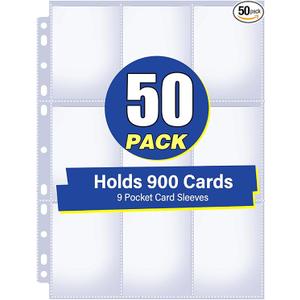 50 Pack 9 Pocket Card Sleeves Binder Sheets, Holds 900 Cards
Trading Card Sleeves for 3 Ring Binder, Protective Pages Sheets for Baseball, Football, Business, Game Cards