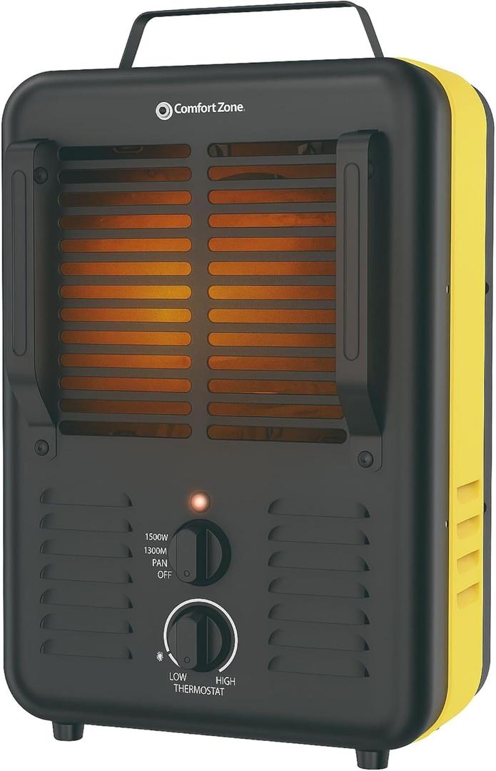 Comfort Zone 1500W Milkhouse Style Electric Utility Heater Portable Workshop & Garage Space Heater with Adjustable Thermostat, 2 Heat Settings & Fan All-Metal Heavy-Duty Design Yellow/Black
